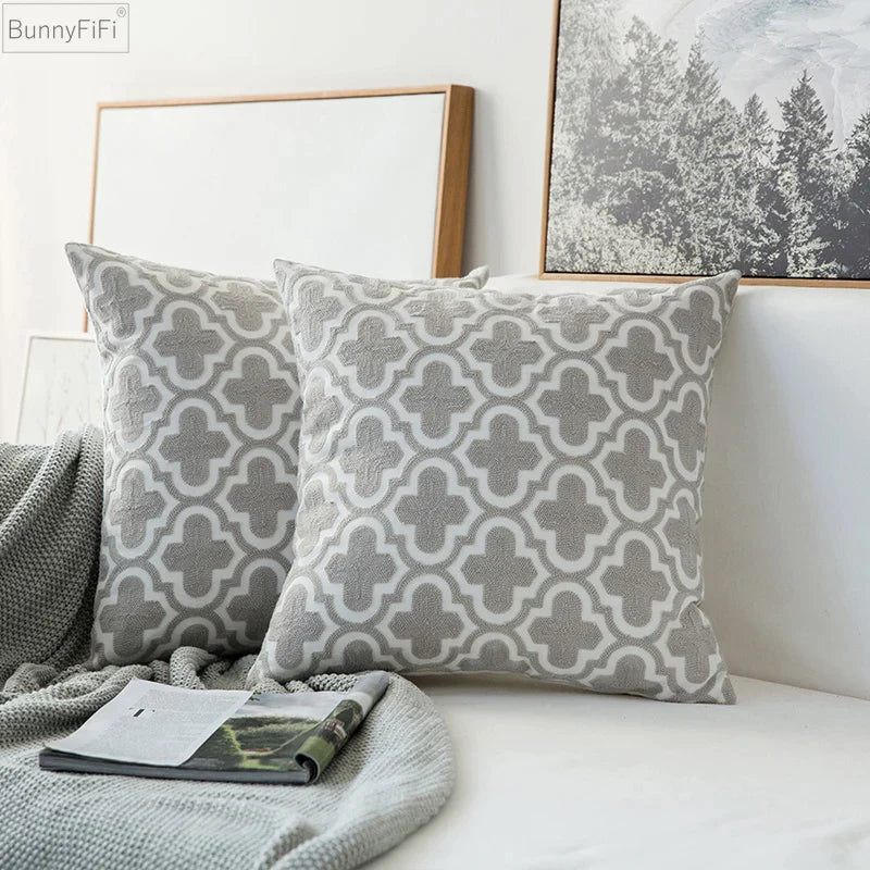 DecorBites™ Geometric Embroidered Cushion Cover in Grey Canvas Cotton 45x45cm