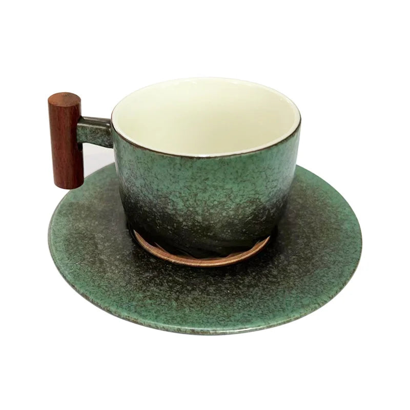 DecorBites™ 130ml Blue Ceramic Retro Coffee Cup with Saucer, Wooden Handle