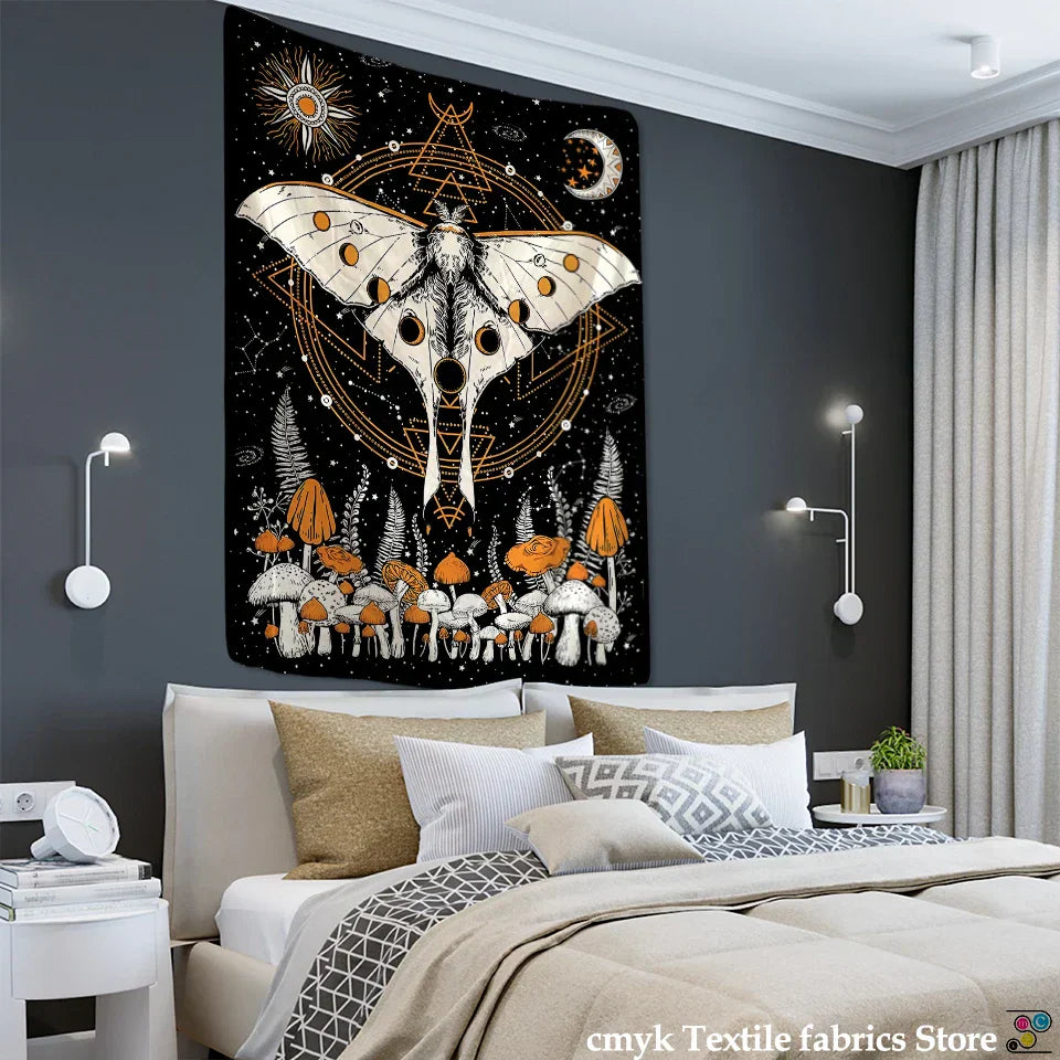 DecorBites™ Celestial Moth Tapestry: Moon Phase Flower Mandala Wall Decor