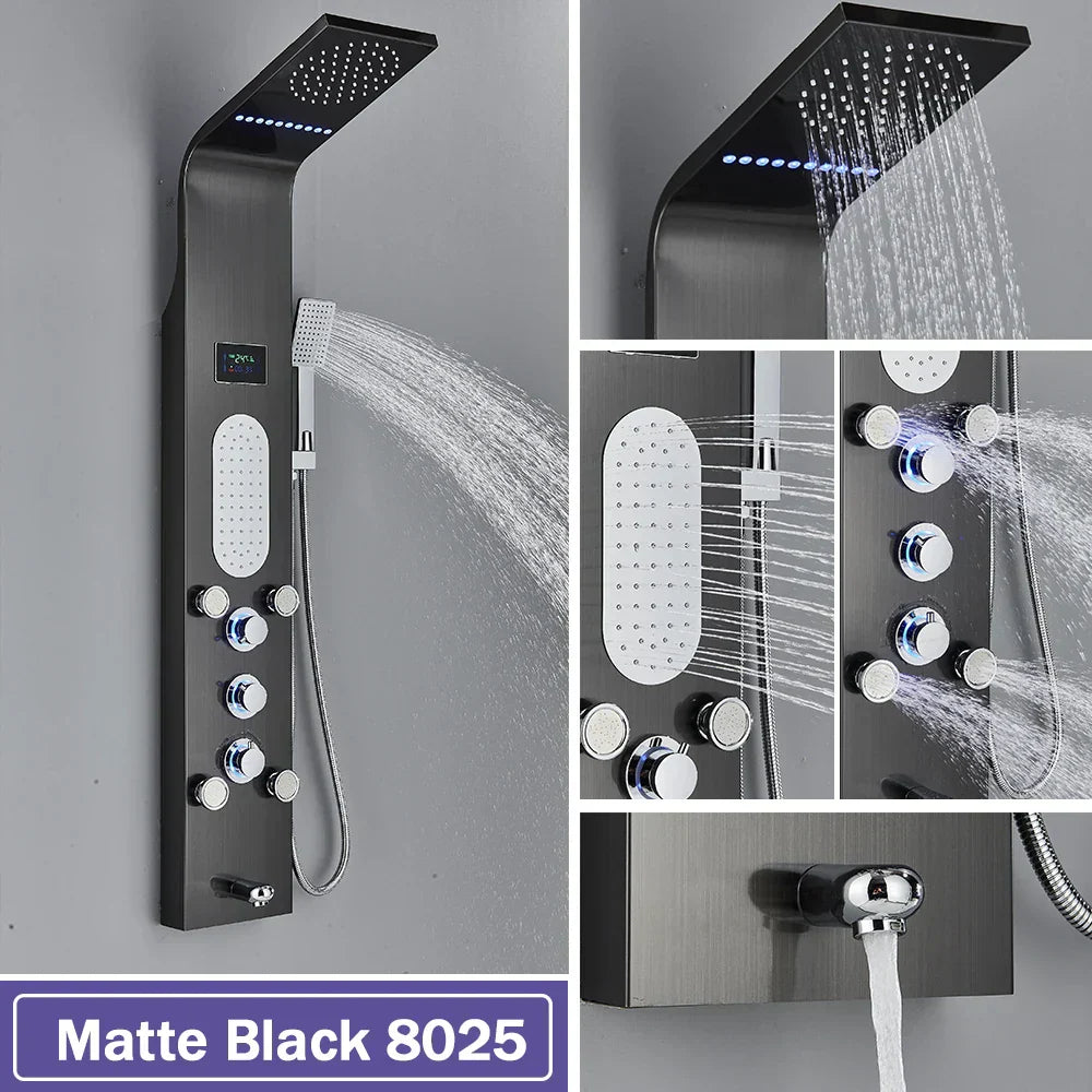 DecorBites™ Black LED Waterfall Rain Shower Panel with Massage Sprayer and Bidet Tap