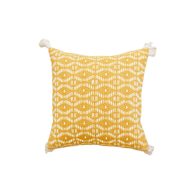 DecorBites™ Geometric Tufted Cushion Cover with Crochet Tassels - Nordic Yellow Striped Pillow Cover