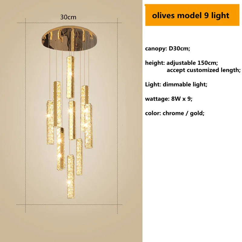 DecorBites™ Crystal Lustre Pendant Lights with Dimmable LED, Adjustable Cable - Gold Chrome Steel