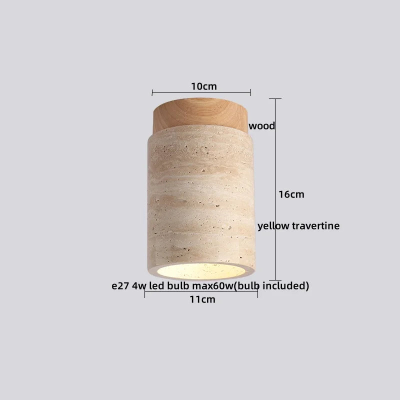 DecorBites™ Japan Style LED Ceiling Light Yellow Travertine Stone Wood Base Bedroom Luminaire