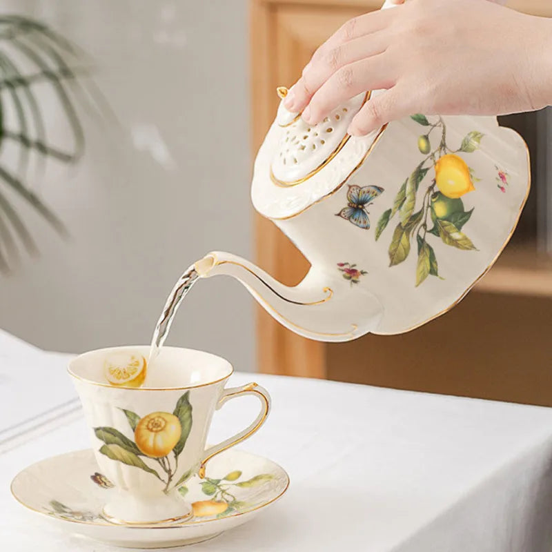 DecorBites™ Gold Edge Cup & Saucer Set: Lemon Teapot, Coffee Mug, Ceramic Plates & Drinkware