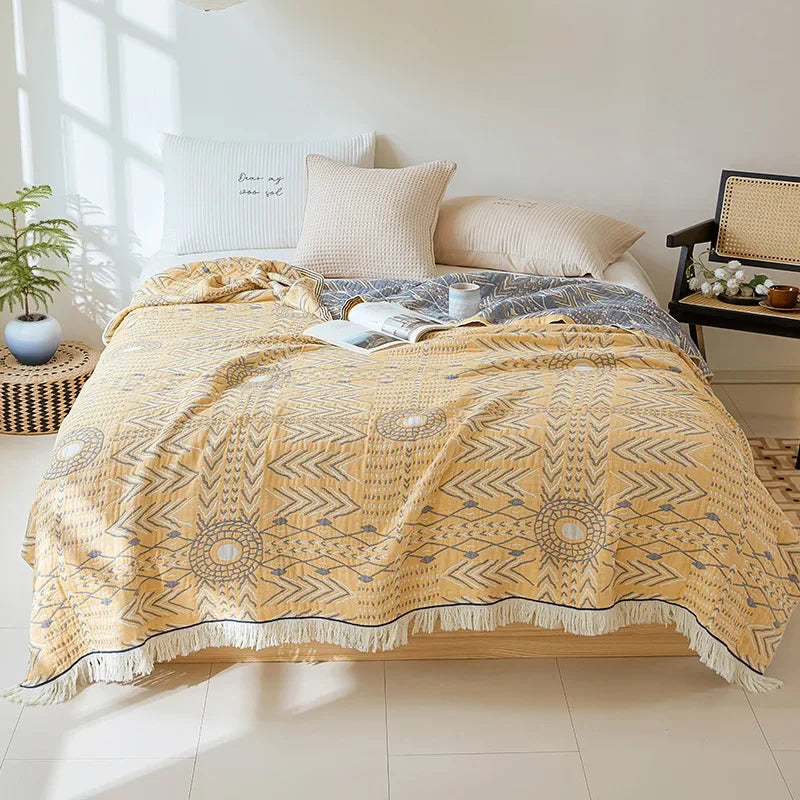 DecorBites™ Bohemian Cotton Throw Blanket - Four Layer Gauze Bedspread with Tassel Detail