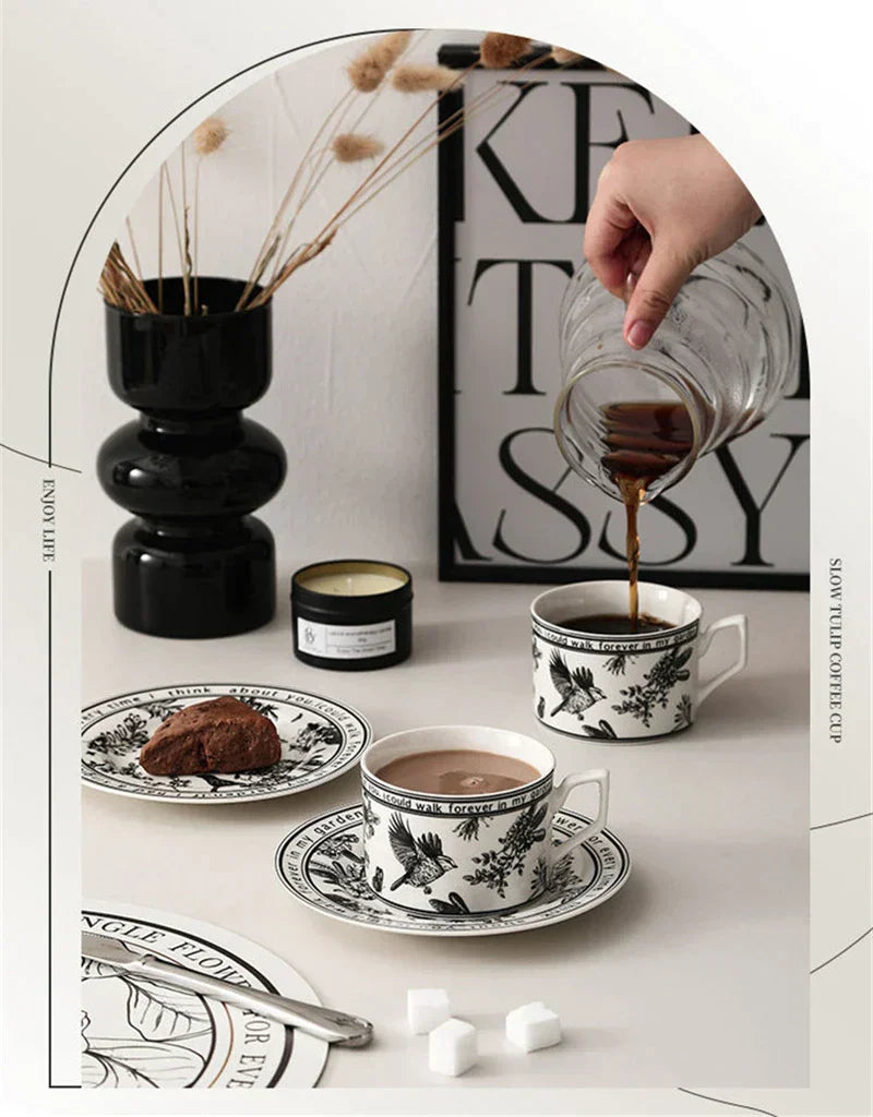 DecorBites™ Black Bird Ceramic Coffee Cup and Saucer Set for English Afternoon Tea and Coffee