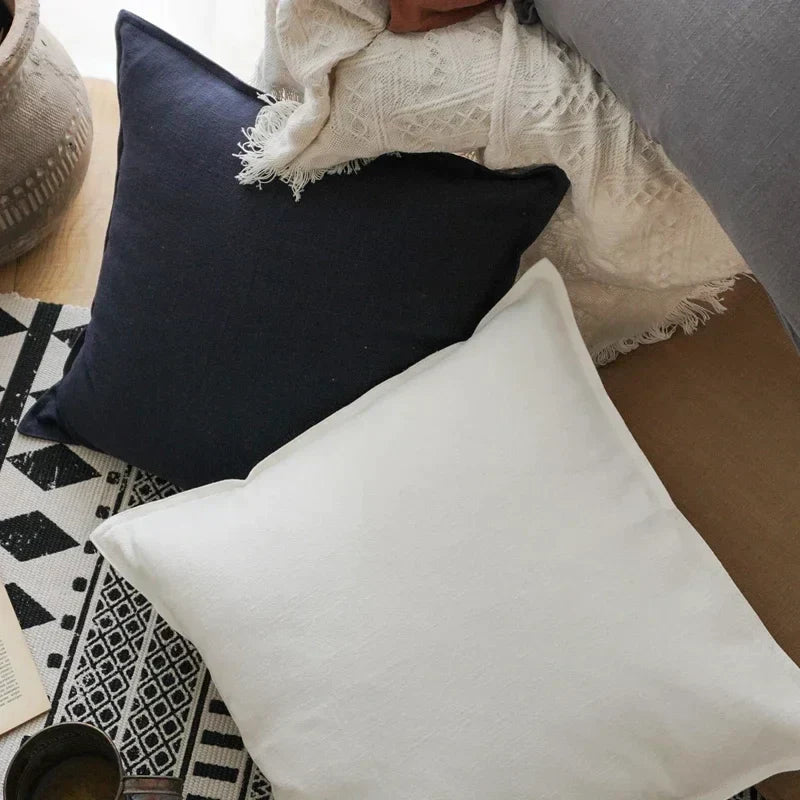 DecorBites™ Linen Pillow Cover 45x45cm with Fringe in Ivory/Dark Grey/Coffee for Home Decor