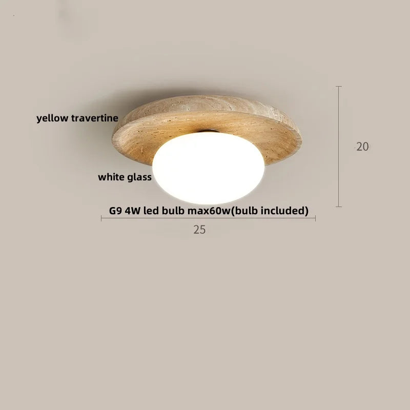 DecorBites™ Acrylic LED Ceiling Lamp Yellow Travertine Wood Canopy Wabi Sabi Style