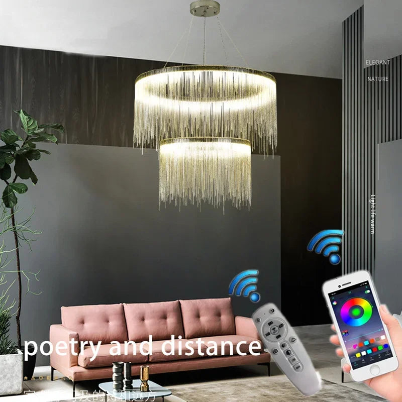 DecorBites™ Gold Chain Chandelier Pendant Light w/ Remote, Modern Tassel Design for Kitchen & Living Room