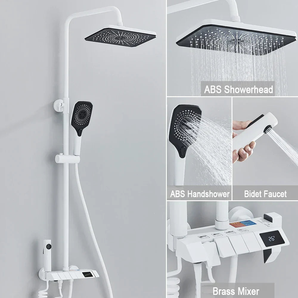 DecorBites™ Black Piano Digital Shower System with Intelligent Brass Faucets and White Rainfall Shower