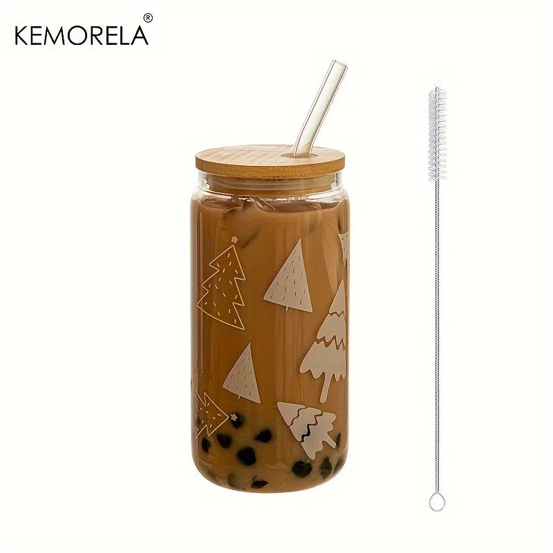 DecorBites™ Christmas Themed Glass Beer Can Mug with Lid and Straw | Festive Xmas Tree and Elk Design