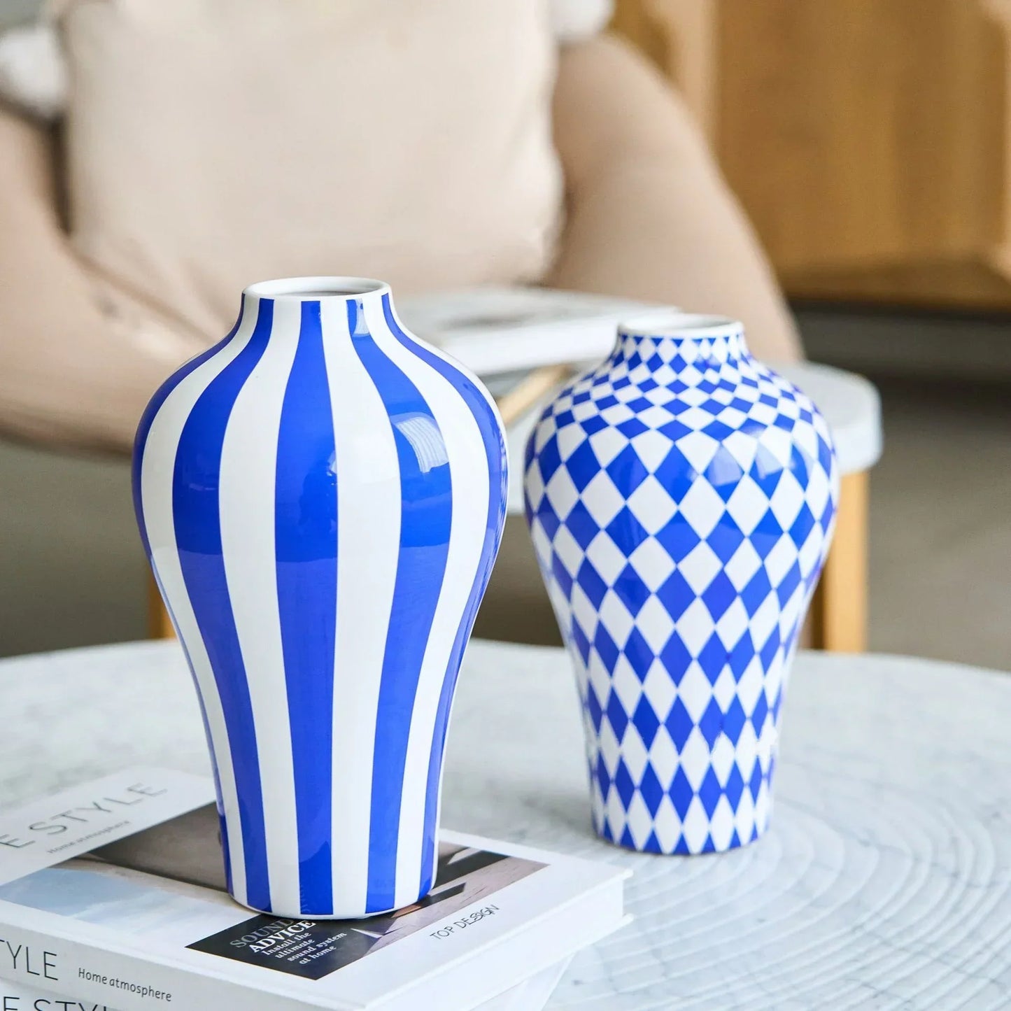 DecorBites™ Blue Geometric Quilted Ceramic Vase - Polka Dots Pattern - Home Decor Craft
