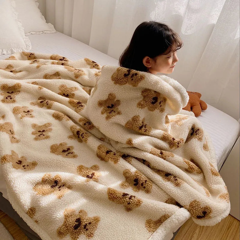 DecorBites™ Little Bear Lamb Plush Blanket, Double Layered Warm Fleece Cover