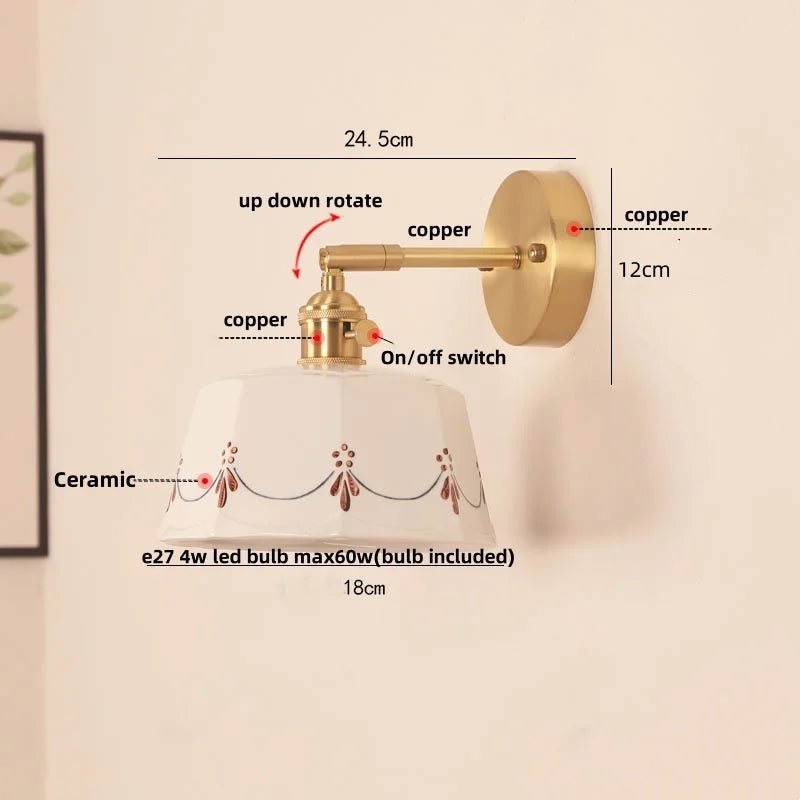 DecorBites™ Ceramic LED Wall Lamps Pull Chain Switch Rotate Copper Vanity Light