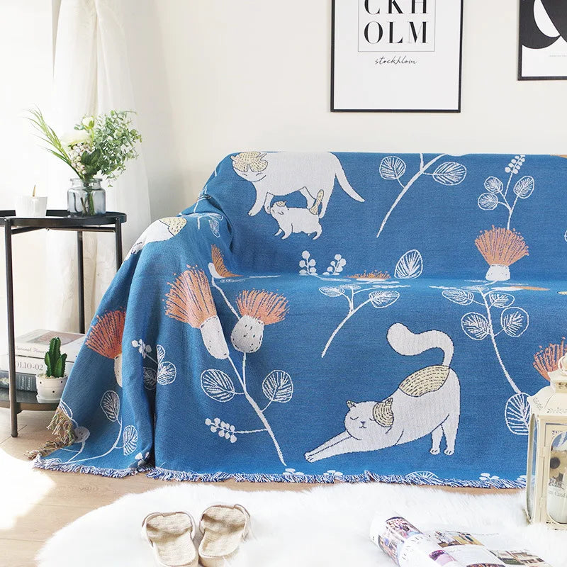 DecorBites™ Cartoon Cat Double-Sided Sofa Blanket with Tassels - Modern Cute Dustproof Cover for Double Beds and Sofas