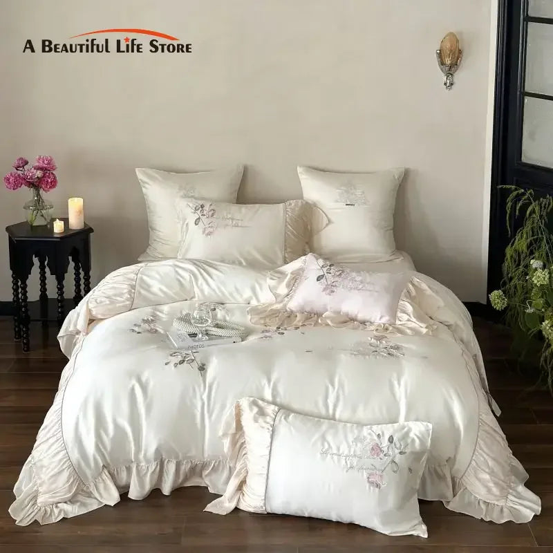 DecorBites™ Embroidered Lace Princess Bedding Set - 4 Piece Cotton Flowers Collection