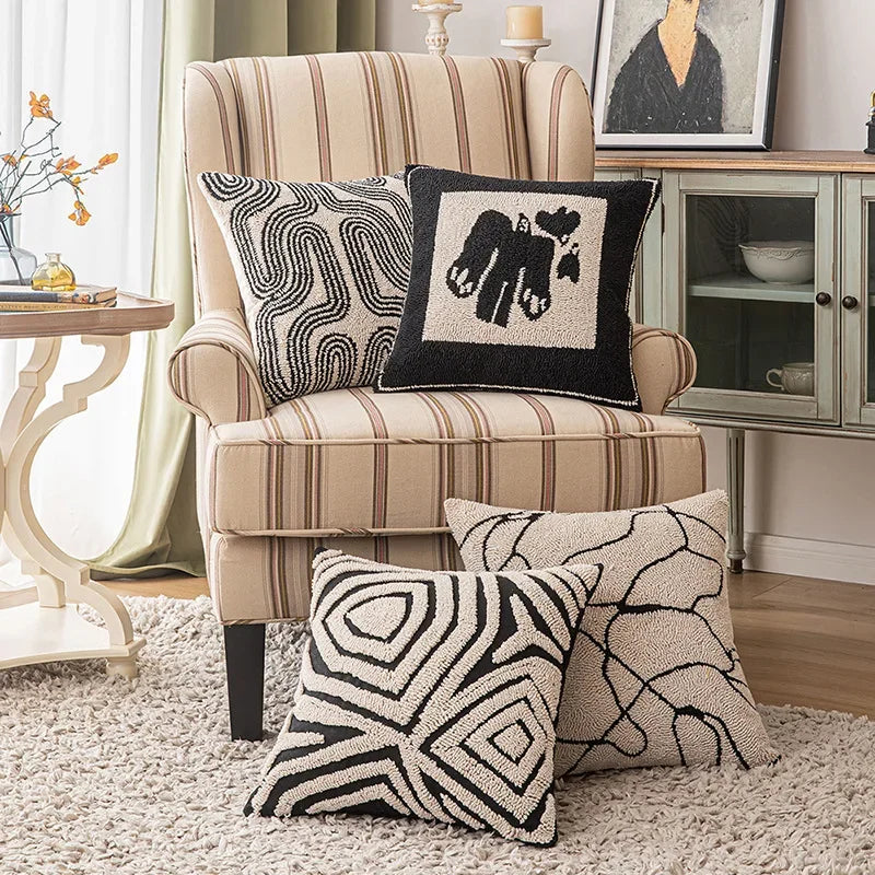 DecorBites™ Geometric Embroidered Cushion Cover in Modern Beige and Black