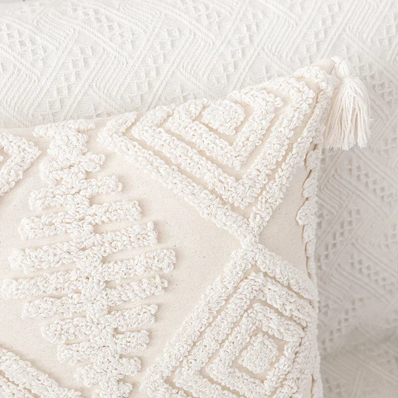 DecorBites™ Cotton Tassels White Cushion Covers 45x45/30x50cm - Square Geometry Pillowcase