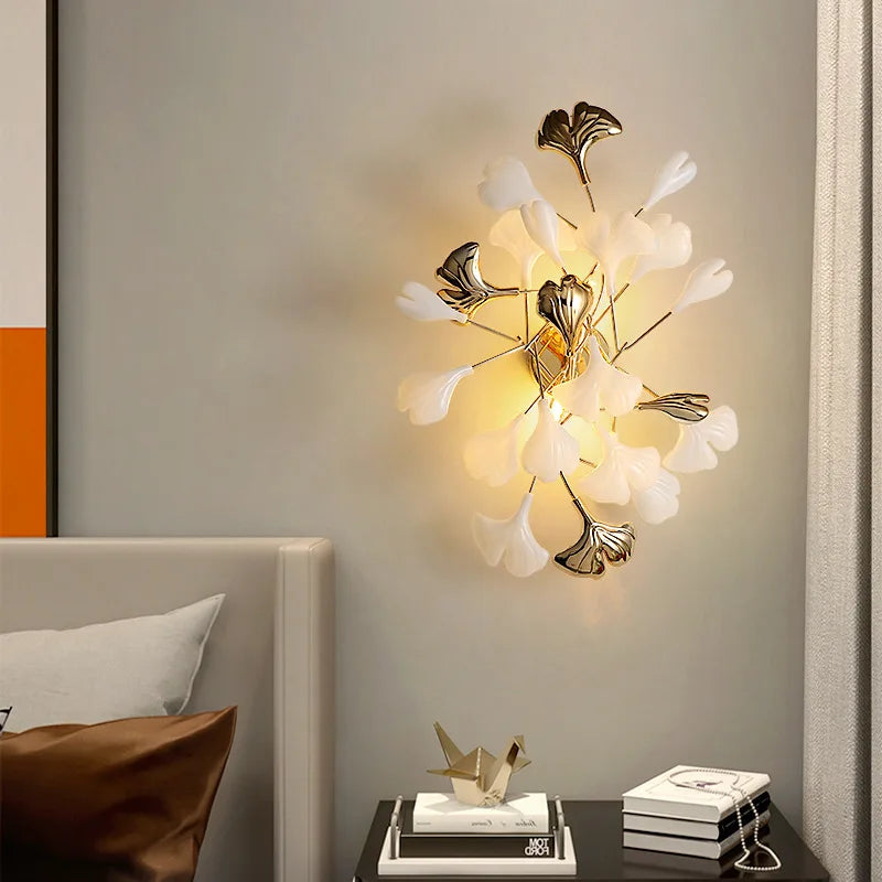 DecorBites™ Leaf Ceramic LED Wall Sconce, Romantic Bedroom Lamp, Gold Metal Art Decor