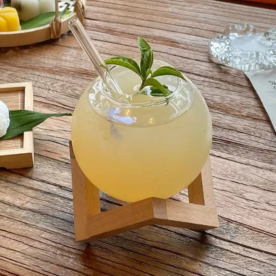 DecorBites™ Ball Shape Coffee Juice Cocktail Glasses Cup with Wood Base and Glass Straw