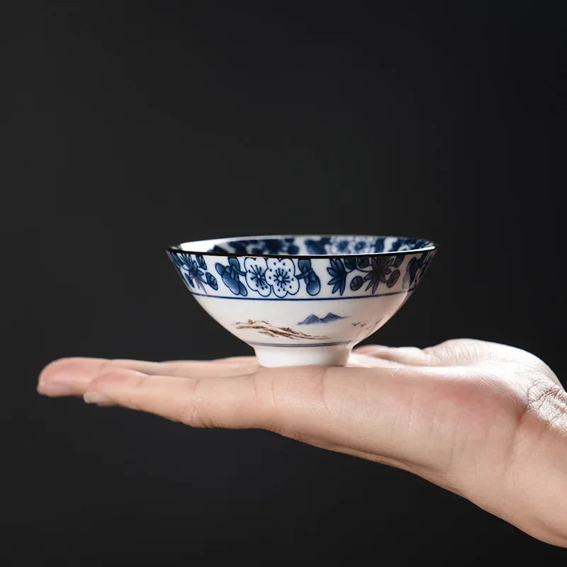 DecorBites™ Blue & White Ceramic Kung Fu Tea Cup - Japanese Style Porcelain Sake Cups