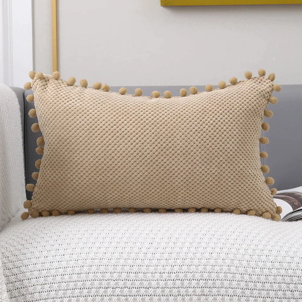 DecorBites™ Beige Pompom Decorative Pillow Cover Set - Premium Quality Home Sofa Decor