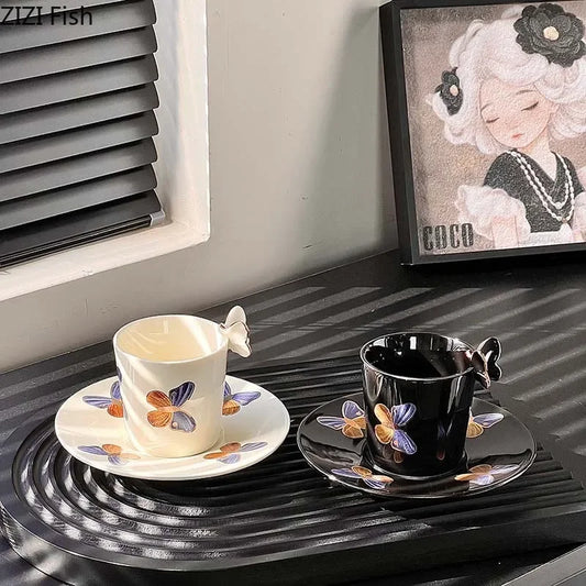 DecorBites™ Butterfly Pattern Ceramic Cup & Saucer Set for Dining Table and Coffee