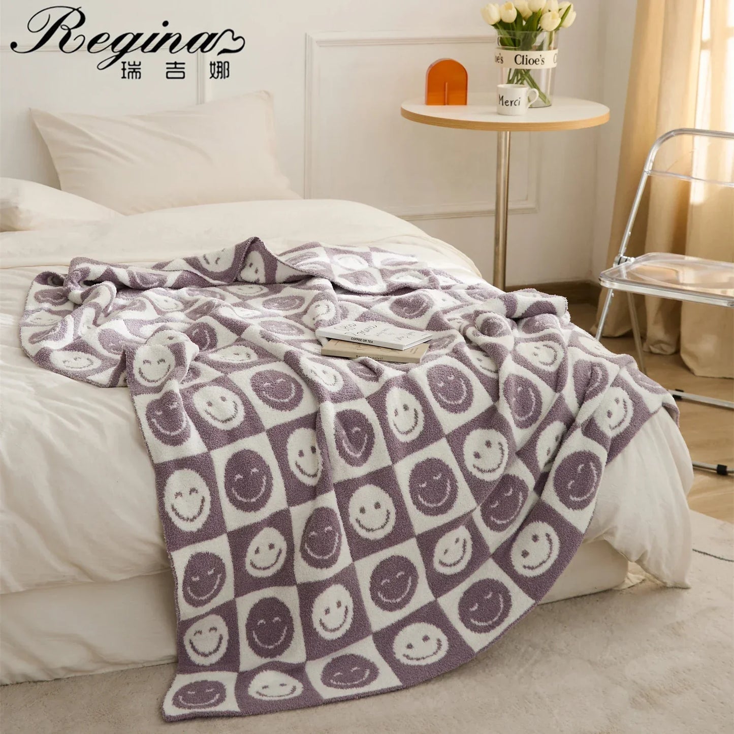 DecorBites™ Knitted Checkboard Smile Face Design Fluffy Blanket - Spring Violet Pink Gray Blanket