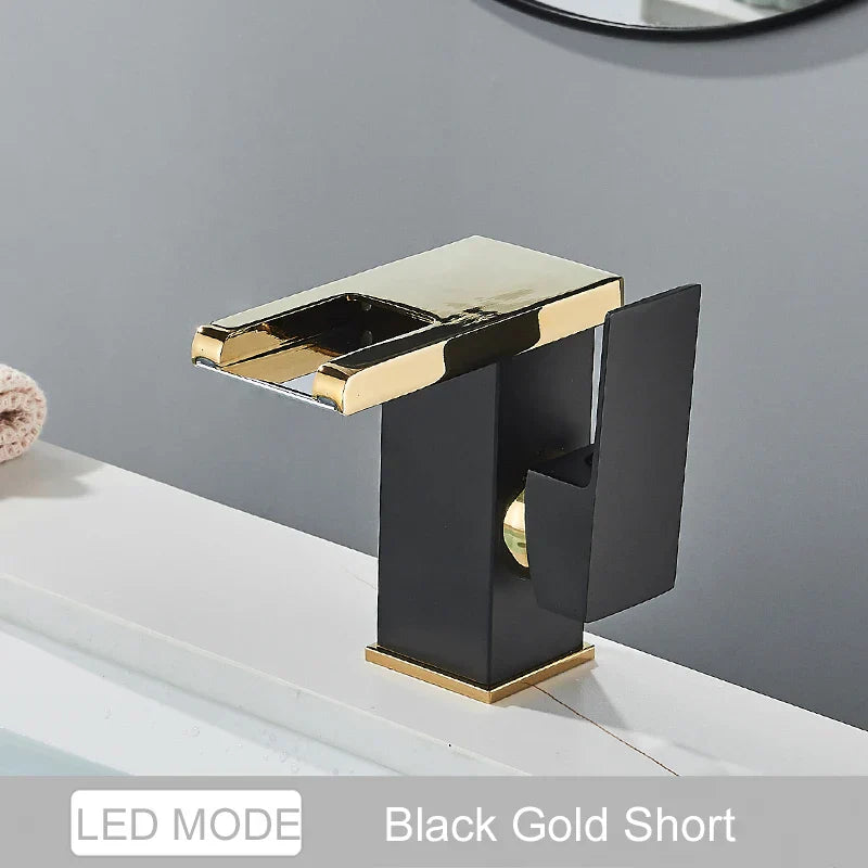 DecorBites™ Black LED Waterfall Bathroom Faucet, Deck Mounted, Three Color Change
