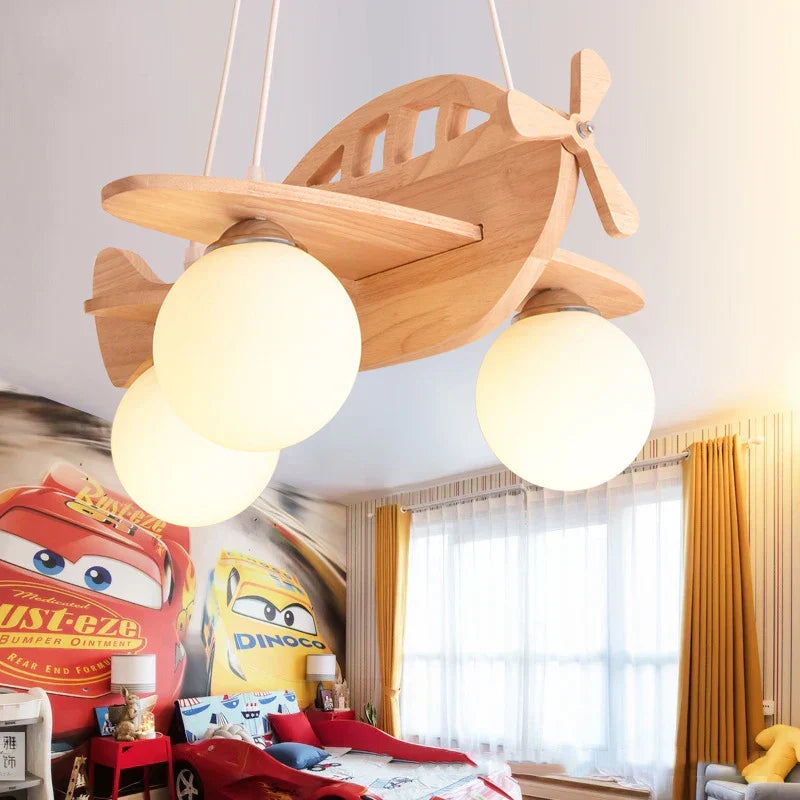 DecorBites™ Kids Wood Airplane Chandelier LED Pendant Light for Boy Bedroom