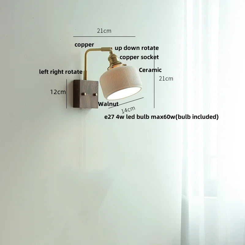 DecorBites™ Ceramic LED Wall Light Fixture White Copper Walnut Ash Bedside Lamp