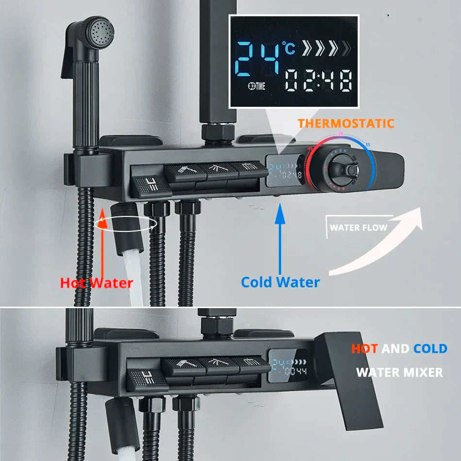 DecorBites™ Digital Display Shower Faucet Rainfall Head Thermostatic Mixer Set