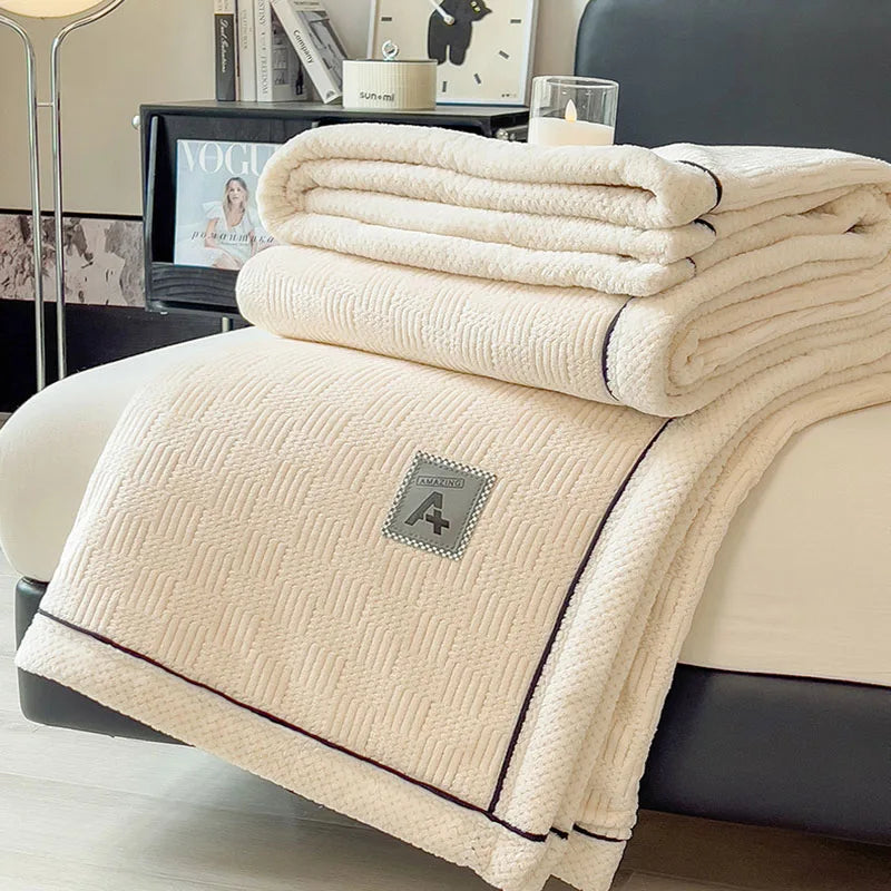DecorBites™ Cozy Jacquard Plush Blanket - Soft Coral Fleece - All-Season - European Solid Stripes