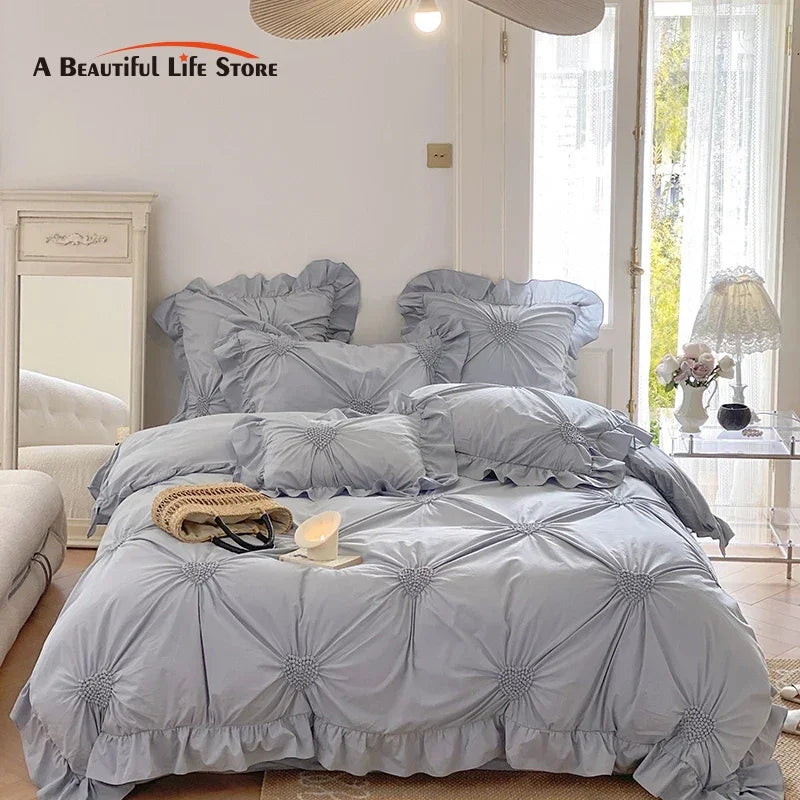 DecorBites™ Korean Princess Style Pure Cotton Bedding Set with Ruffles and Heart Pleat