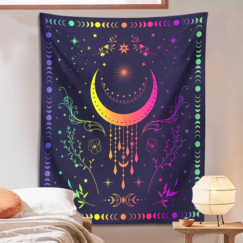 DecorBites™ Celestial Moon Phase Tapestry with Floral Accents