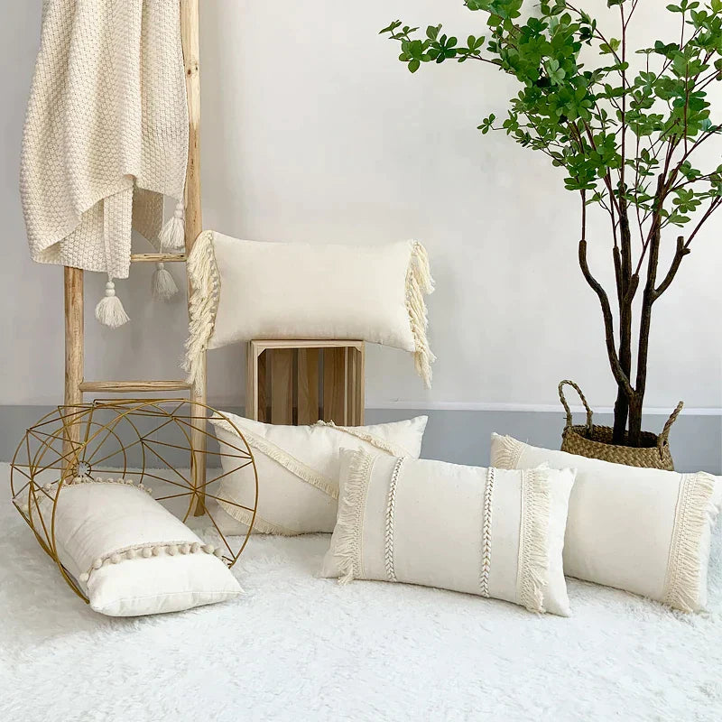 DecorBites™ Boho Style Beige Linen Cushion Cover with Tassels for Home Decor