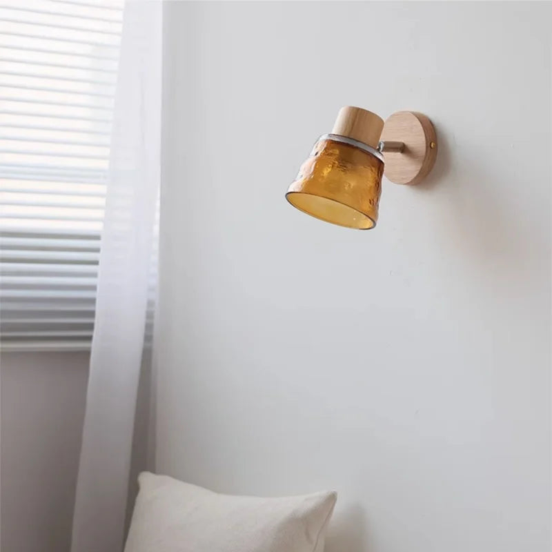 DecorBites™ Amber Glass LED Wall Sconce with Pull Chain Switch, Nordic Modern Wood Stair Light