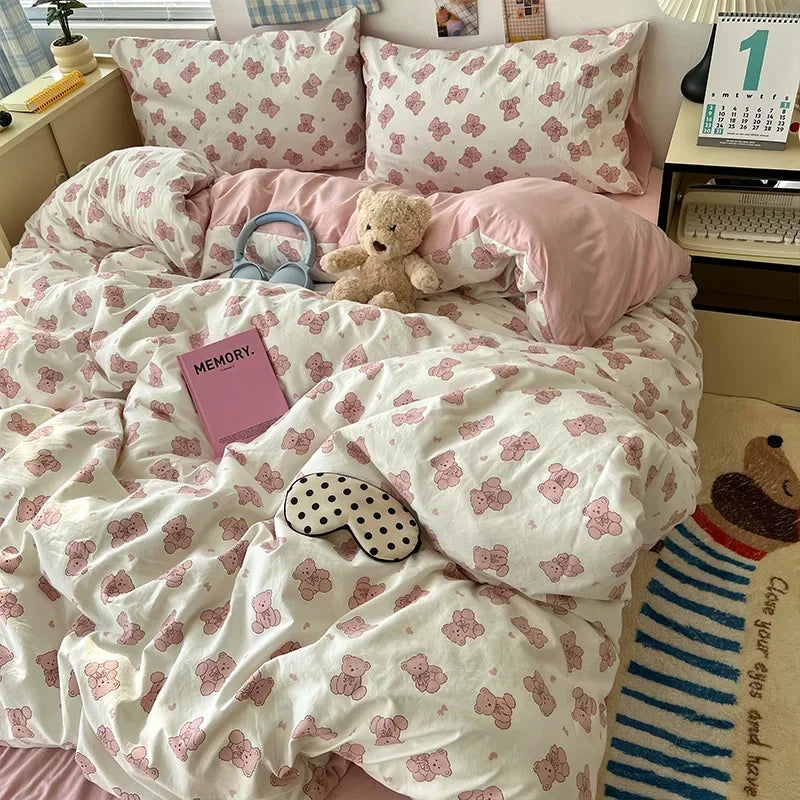 DecorBites™ Cute Cartoon Washed Cotton 4-Piece Bedding Set for Spring Soft Skin-Friendly Sheets