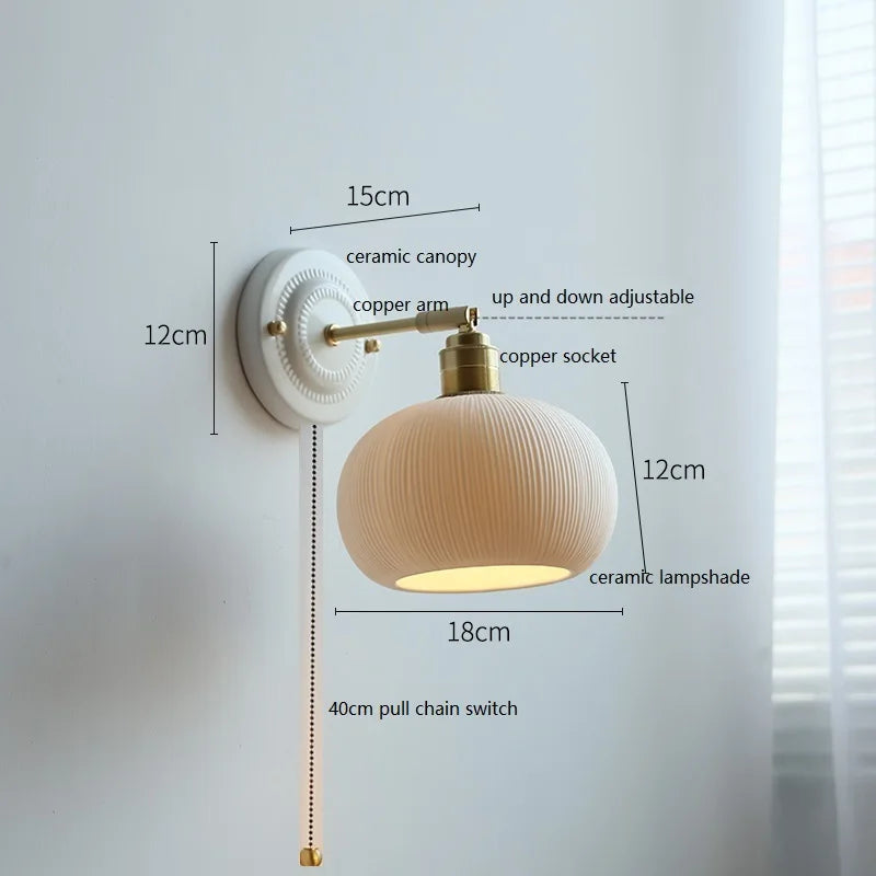 DecorBites™ Ceramic Wall Lamp with Pull Chain Switch & Copper Arm, Nordic Modern LED Fixtures