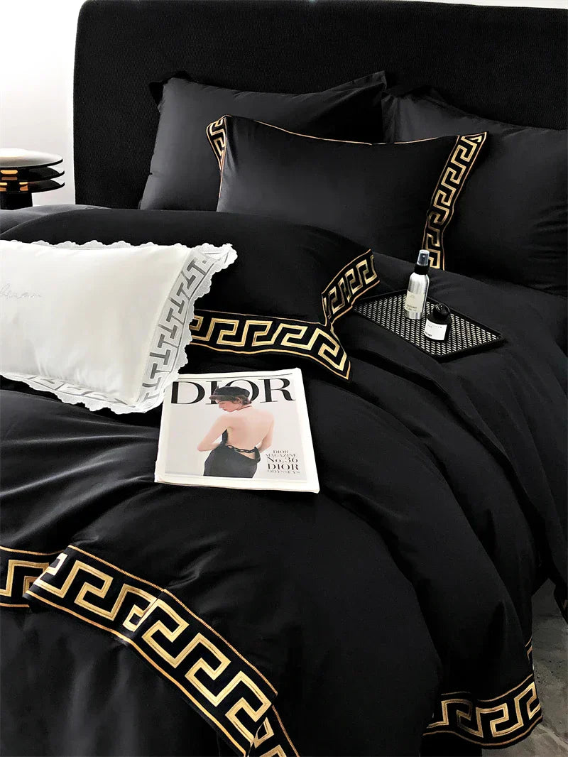 DecorBites™ Gold Embroidery Duvet Set, Black Egyptian Cotton Bedding, 1000TC, Double King Queen