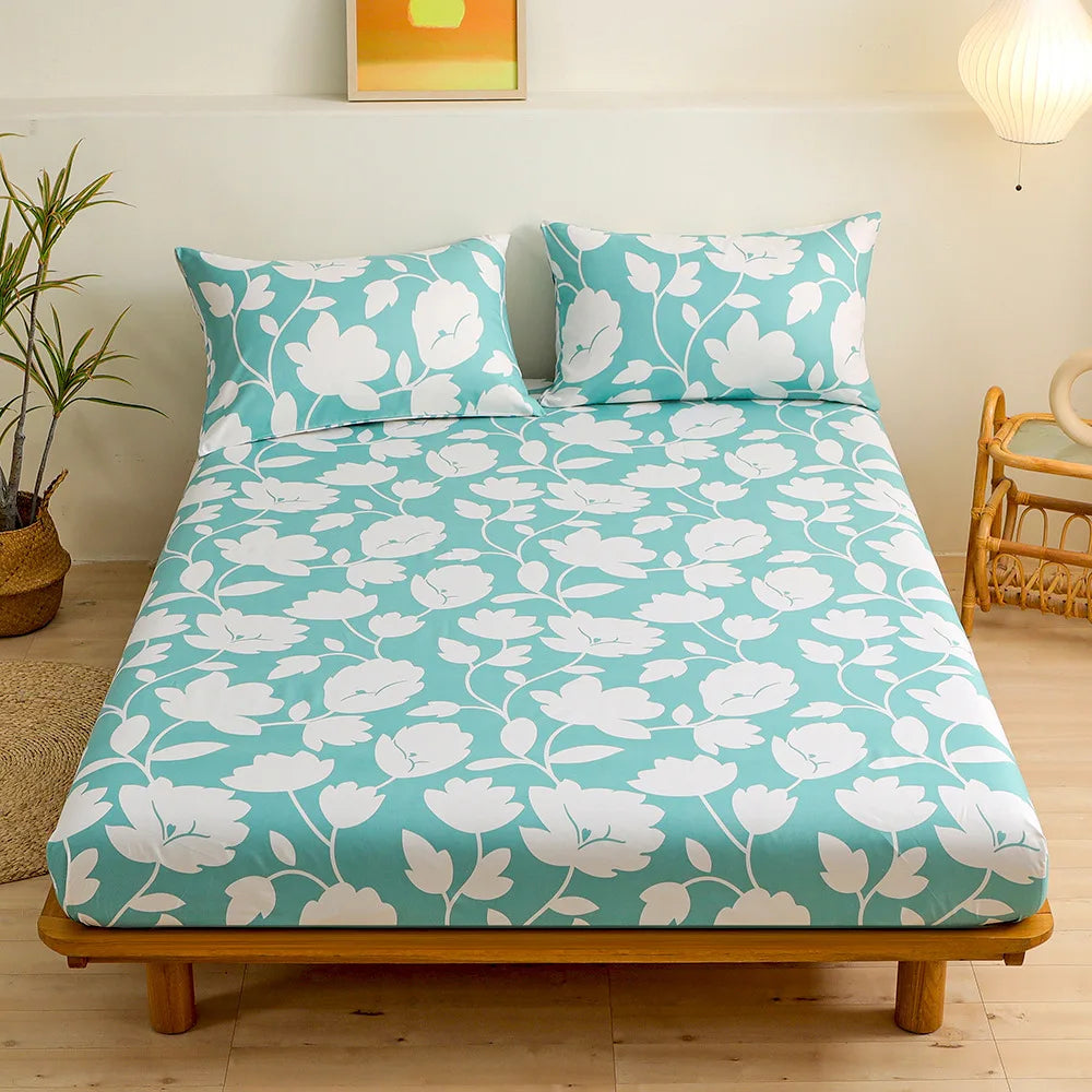 DecorBites™ Green Leaf Flower Fitted Sheet Set with 2 Pillowcases for All Seasons