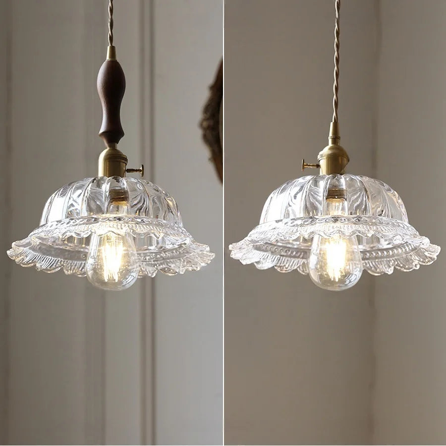 DecorBites™ LED Walnut Wood Pendant Light Clear Glass Copper Switch Decor