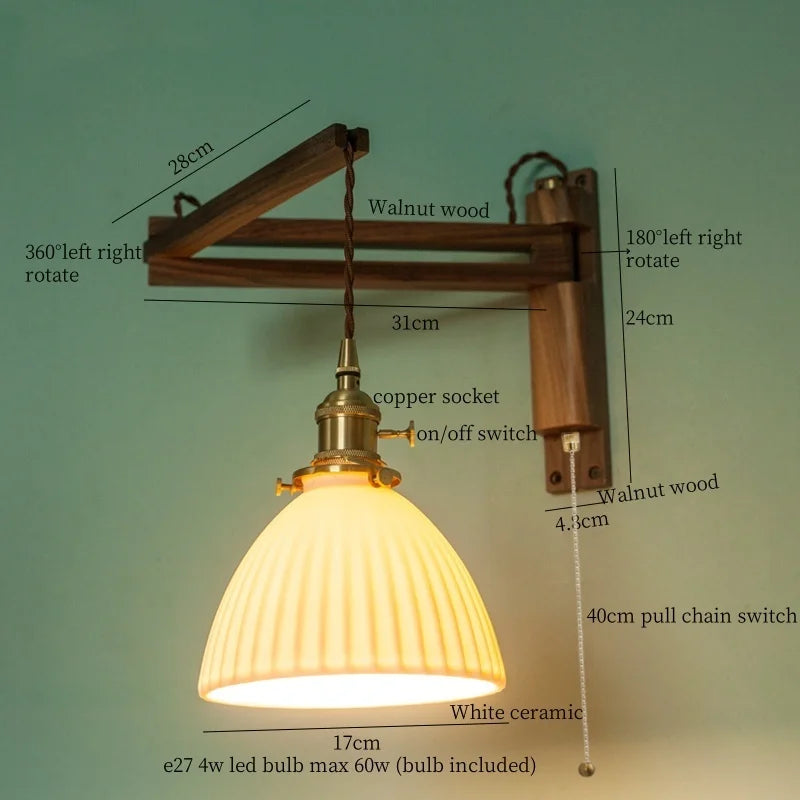 DecorBites™ Ceramic LED Wall Sconce Walnut Wood Copper Pull Chain Switch Light