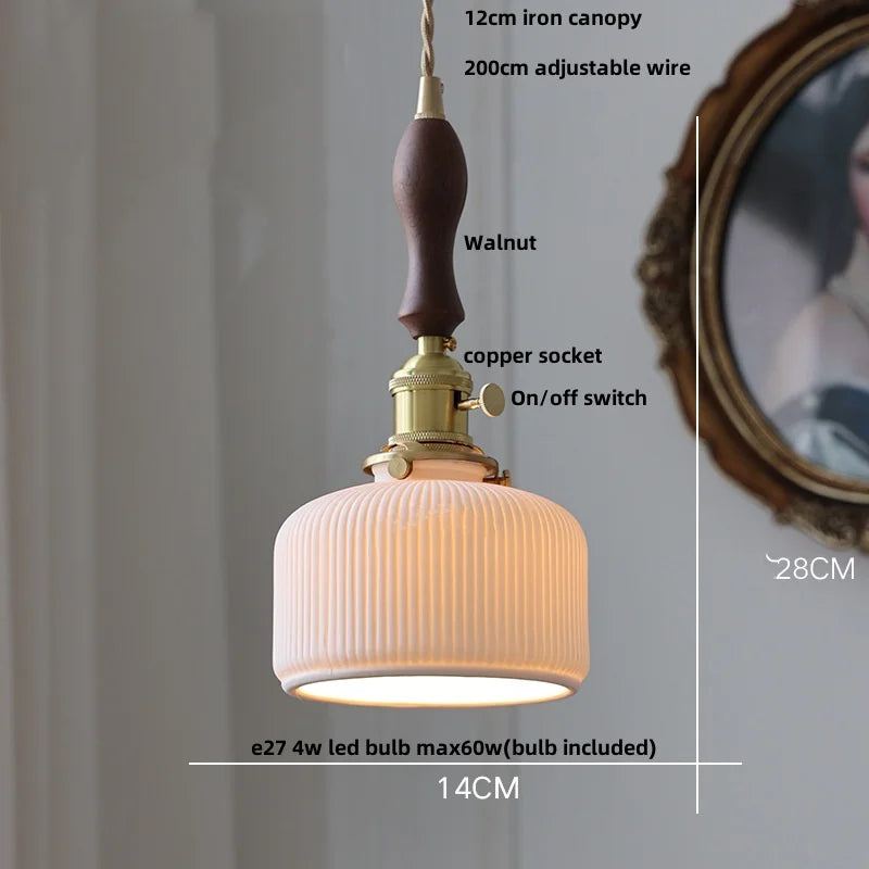 DecorBites™ Ceramic LED Pendant Light Fixture with Adjustable Wire, Brass Knob Switch