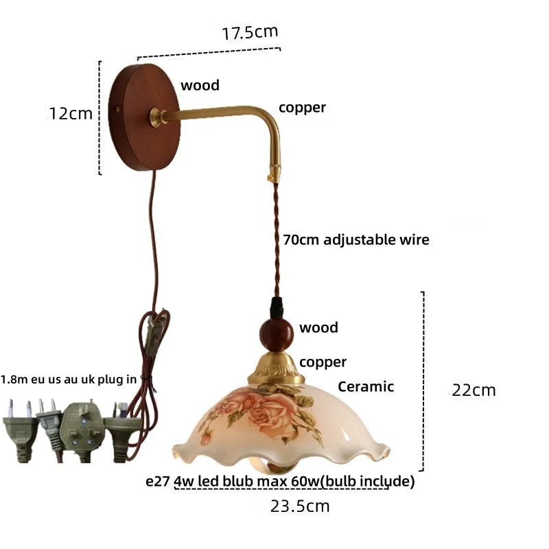 DecorBites™ Ceramic LED Wall Light Copper Pull Chain Wood Base Modern Bedside Lamp