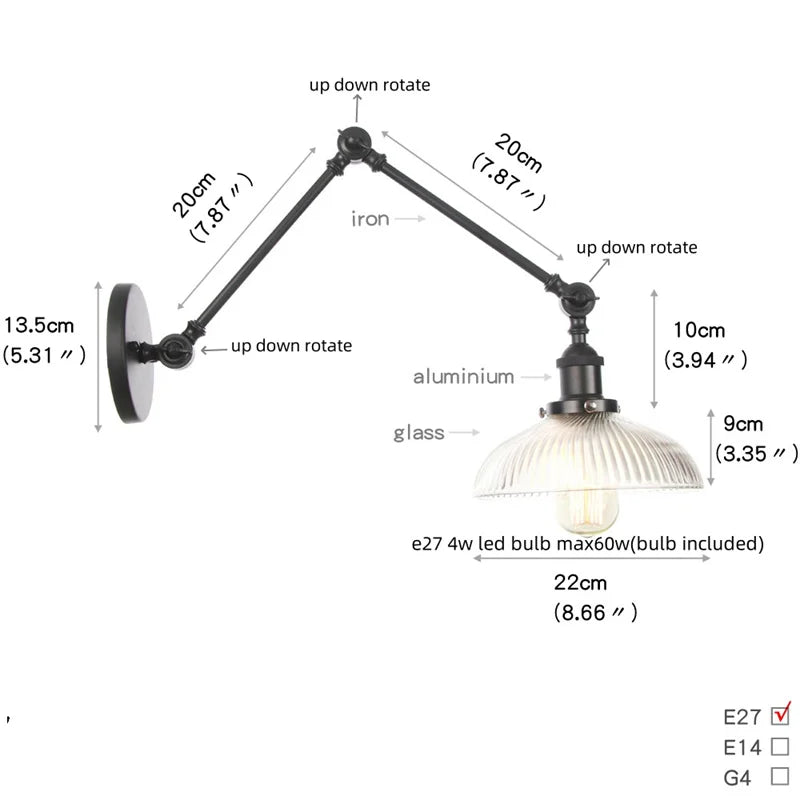 DecorBites™ Industrial Loft Swing Arm Wall Sconce Clear Glass Pull Chain Switch Bedside Lamp