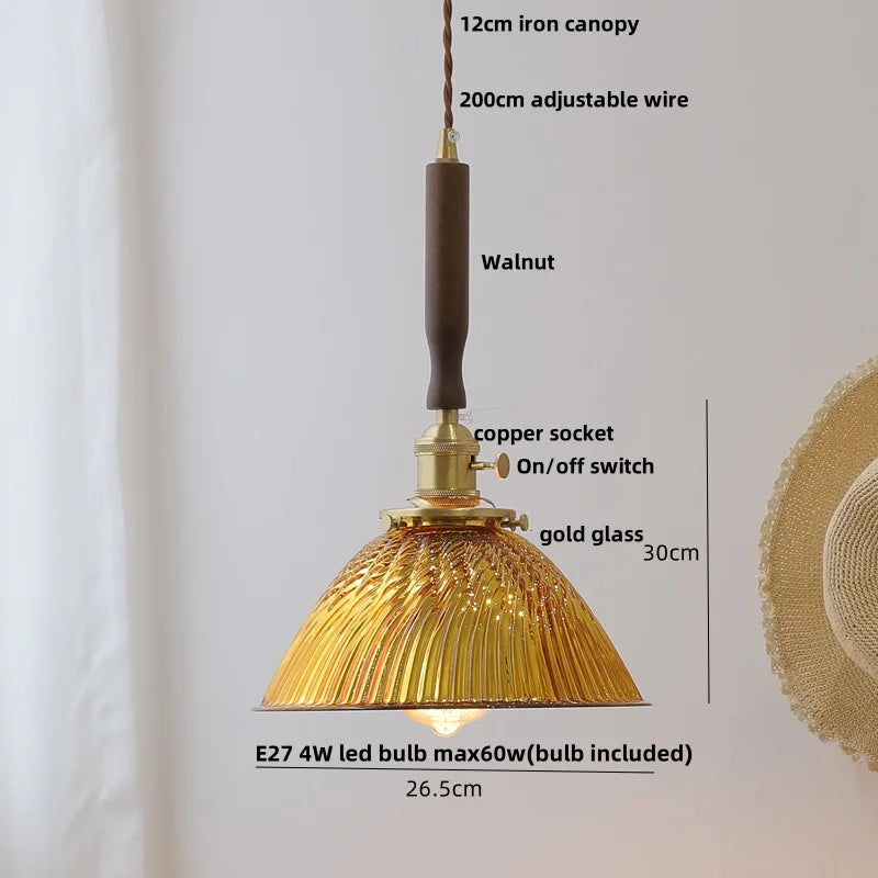 DecorBites™ Amber Glass LED Pendant Lamp with Walnut Wood Accent - Modern Nordic Hanging Light