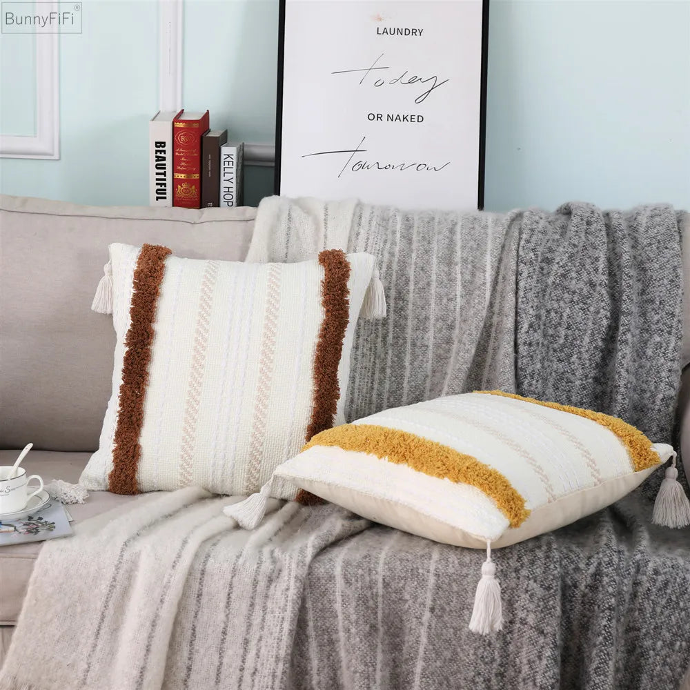 DecorBites™ Boho Woven Tassel Tufted Throw Pillow Case for Sofa Bed Chair