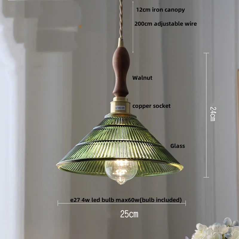 DecorBites™ Amber Glass LED Pendant Lamp Walnut Wood Copper Hanging Light