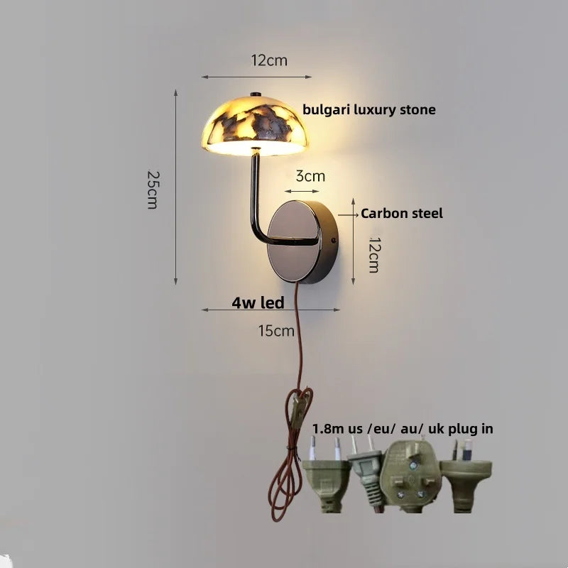 DecorBites™ Carbon Steel LED Wall Lamp with Pull Chain Switch & Marble Stone Fixtures